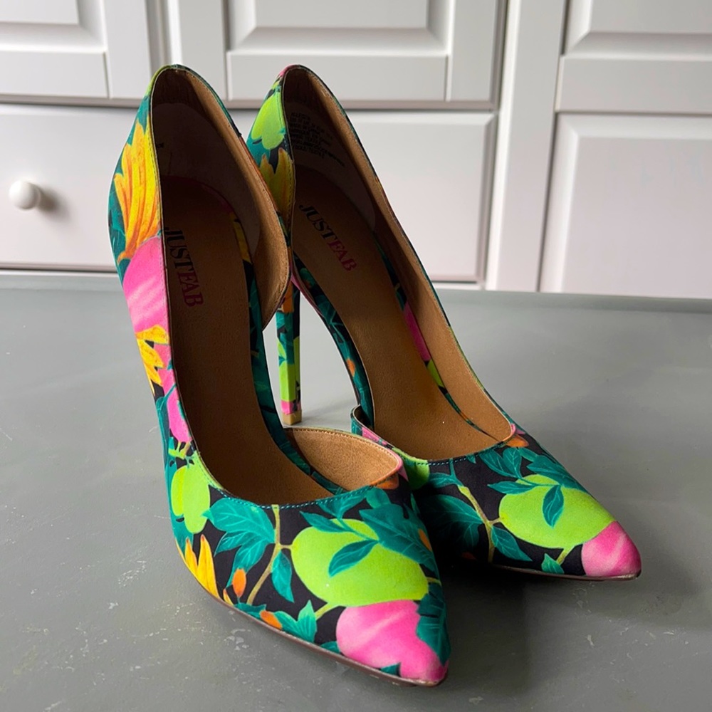 “JUSTFAB” floral heels.